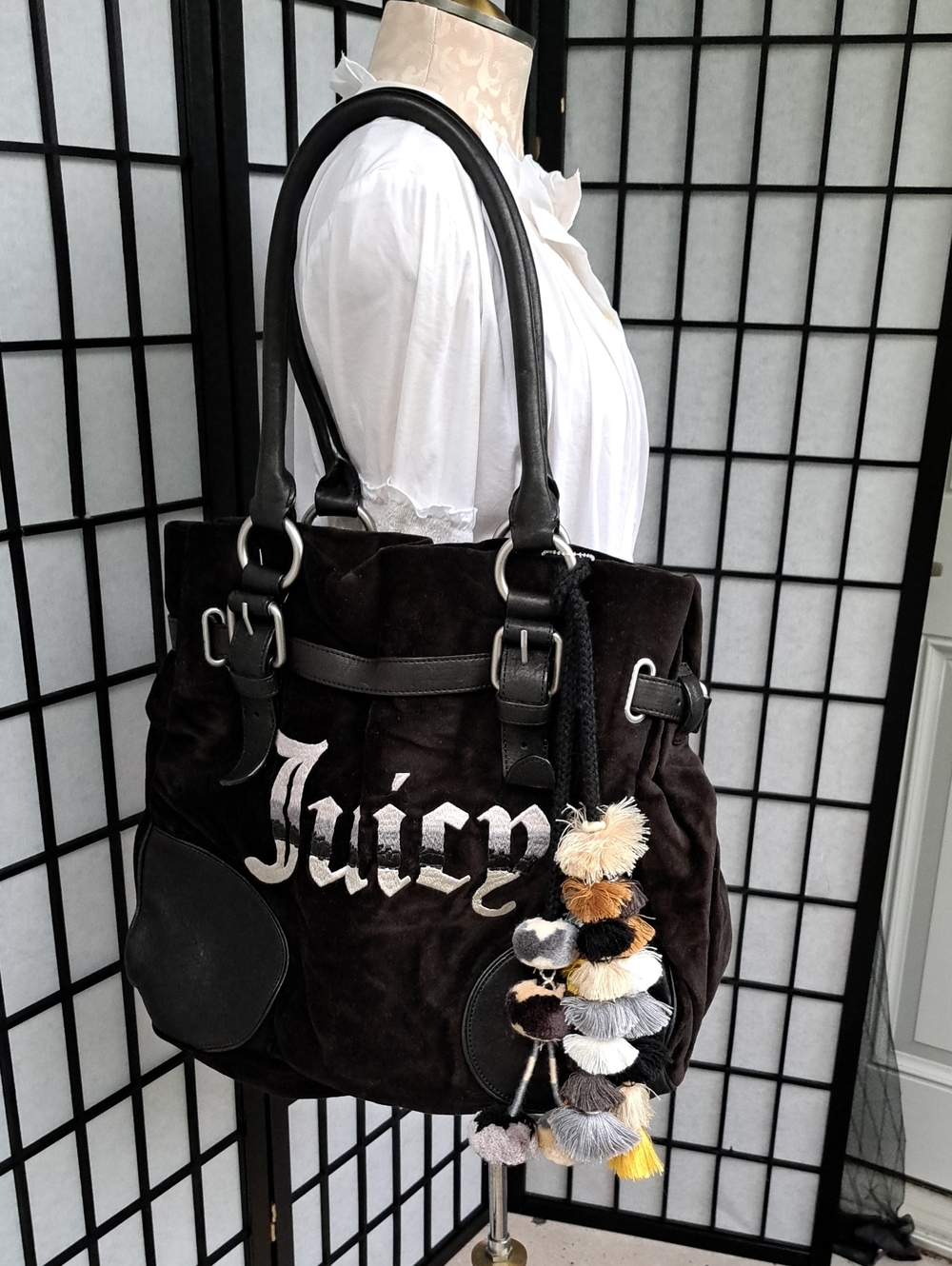 Juicy Couture Black Suede Tote with Multi-Color Pom Pom Charm